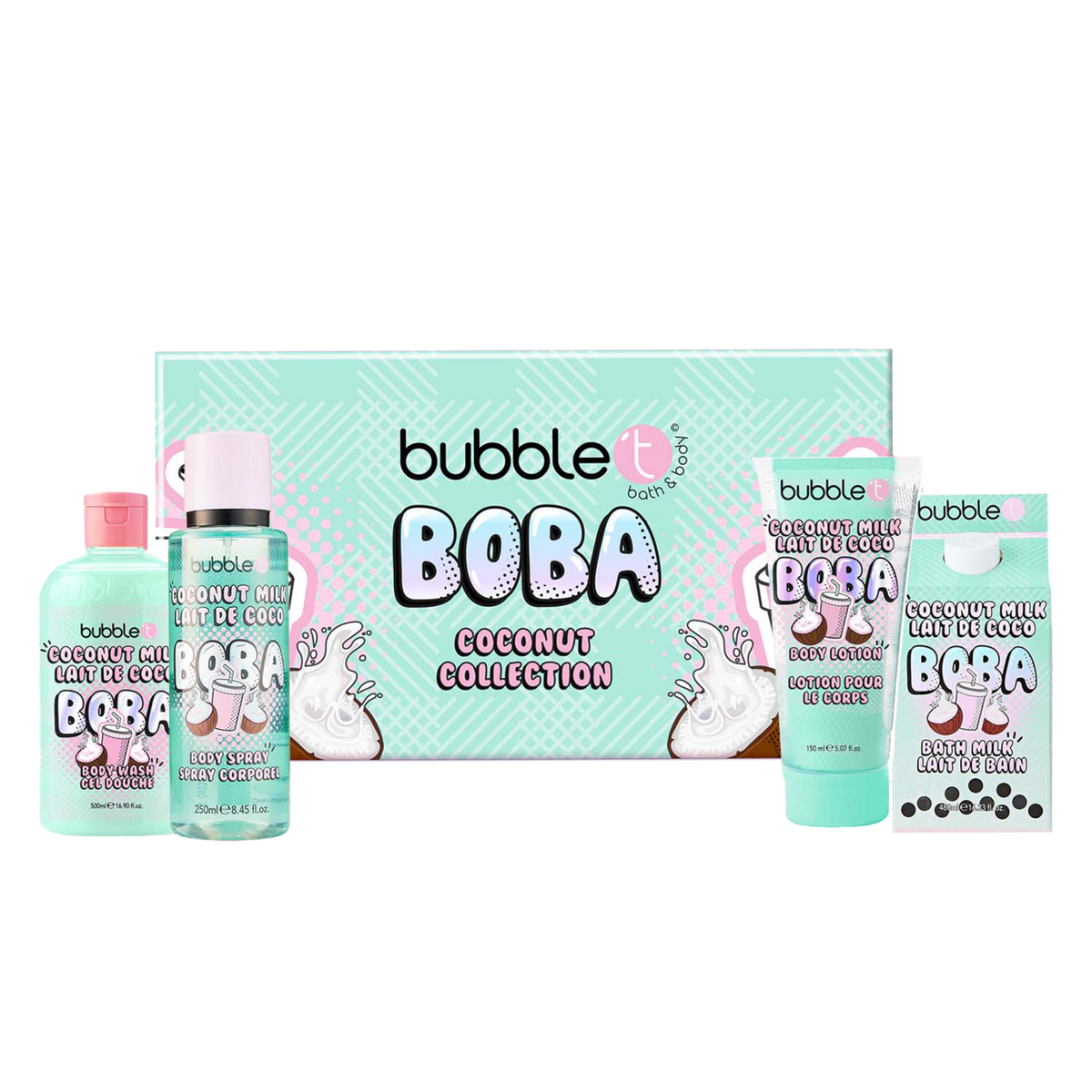 Bubble T Boba Tea Coconut Gift Set with body spray, bath milk, shower gel and body lotion