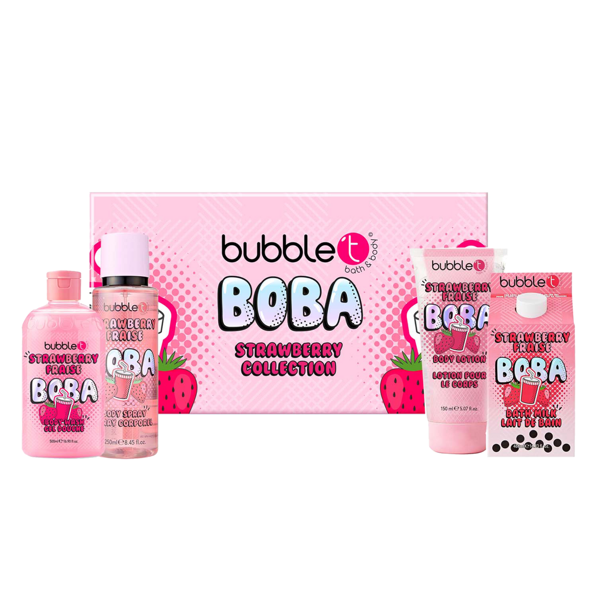 Bubble T Boba Tea Strawberry Gift Set with body spray, bath milk, shower gel and body lotion